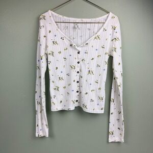 y2K Mudd Womens Small White Floral Pointelle Henley Button Front Long Sleeve Top